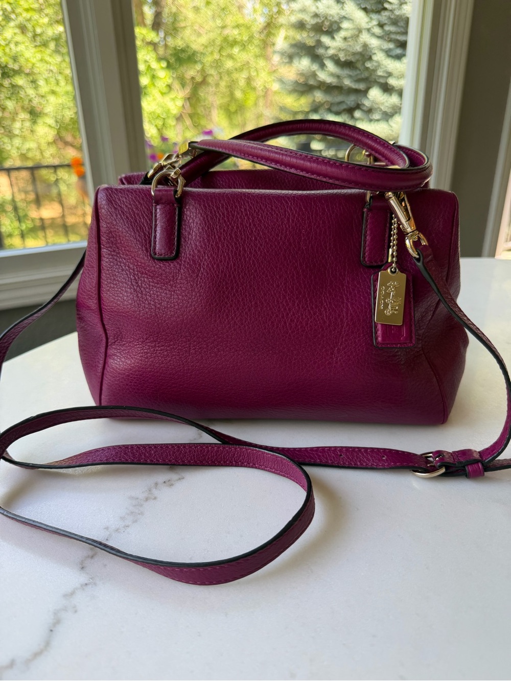 Coach Pebbled Leather Satchel Crossbody Bag Magenta Berry Gold Hardware